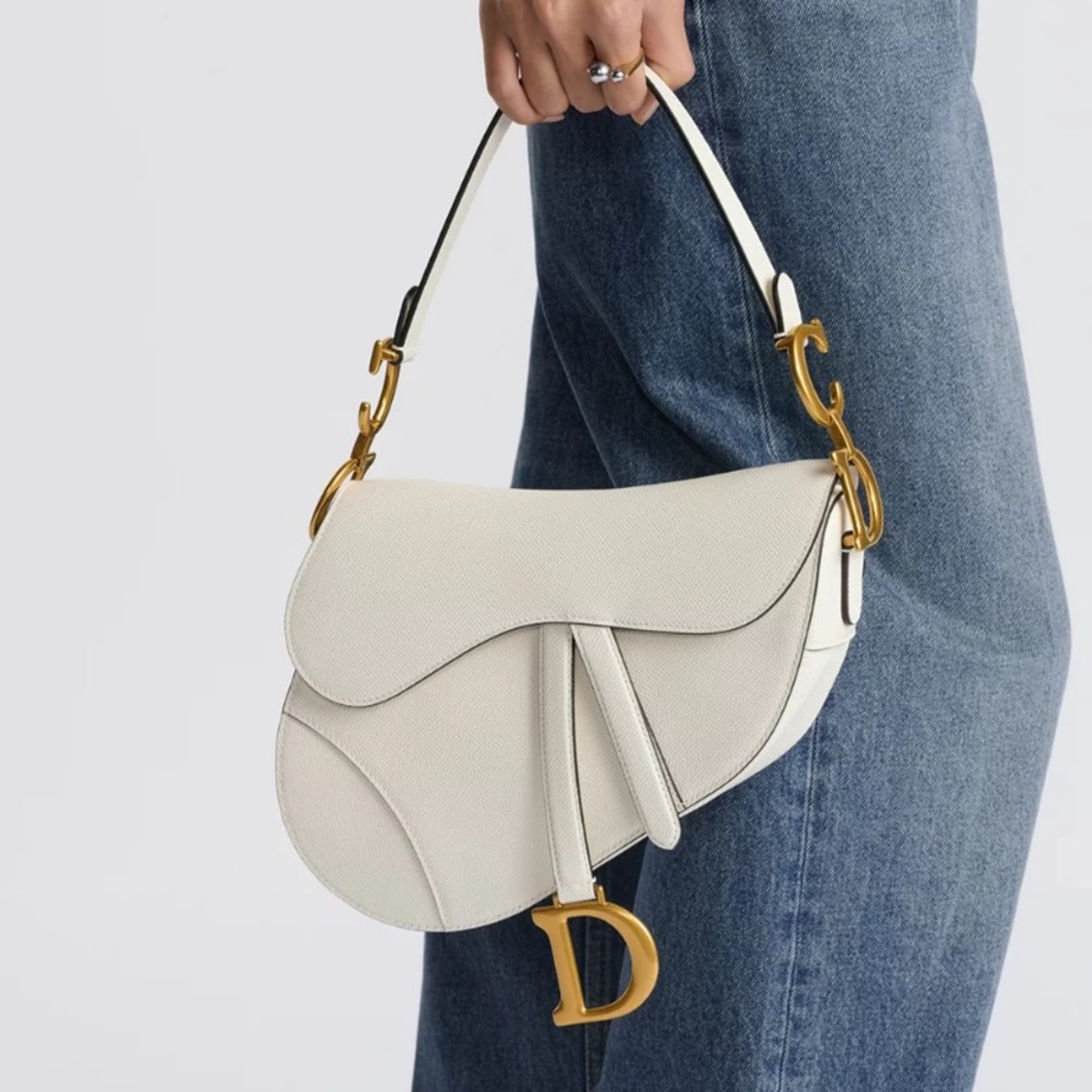 Dior White Saddle Shoulder Bag with Gold Accents